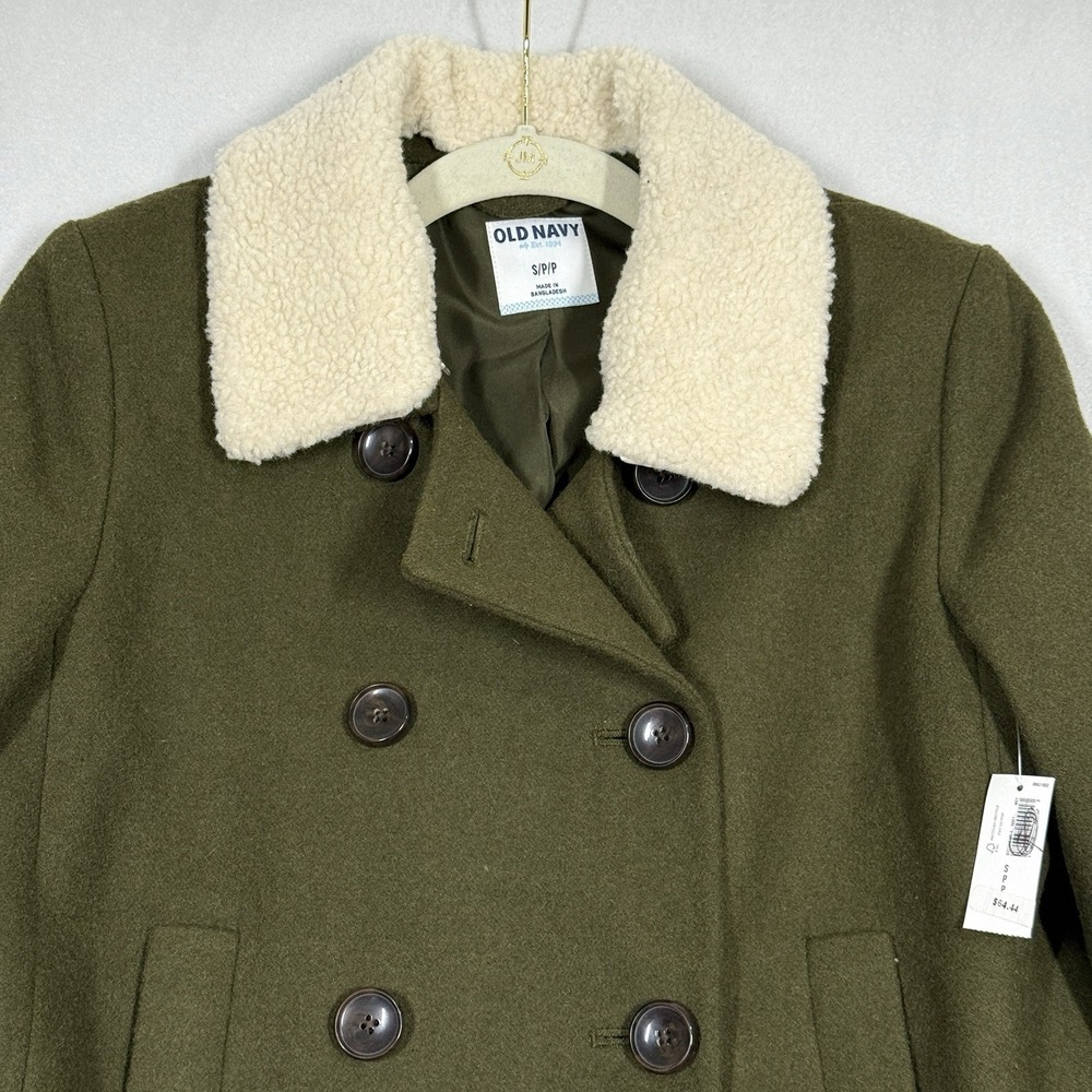 Old Navy Peacoat Women Small Petite Wool Blend Double Breasted Sherpa Collar NWT - Picture 2 of 15